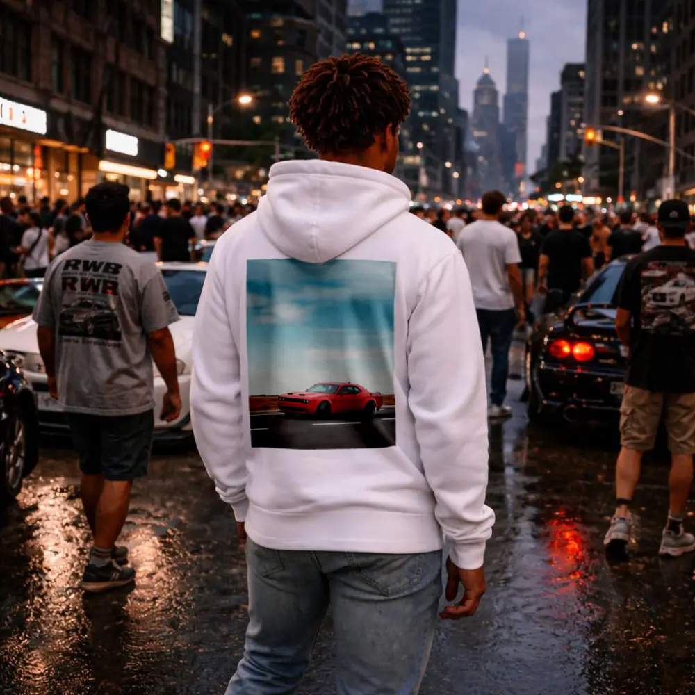 Red Dodge Challenger Speeding On Open Road – Hoodies