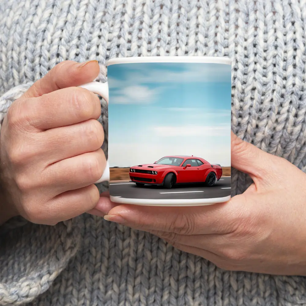 Red Dodge Challenger Speeding On Open Road – Mugs
