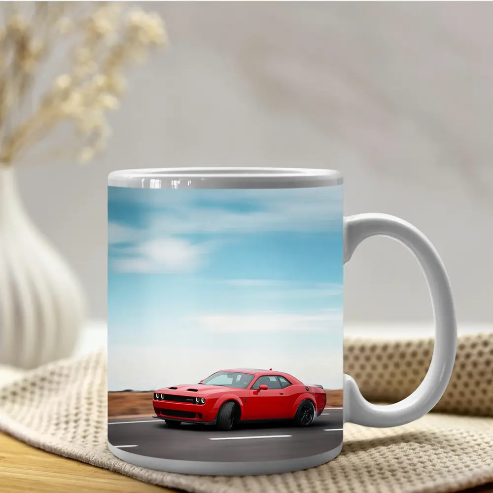 Red Dodge Challenger Speeding On Open Road – Mugs