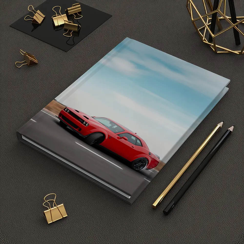 Red Dodge Challenger Speeding On Open Road – Notebooks