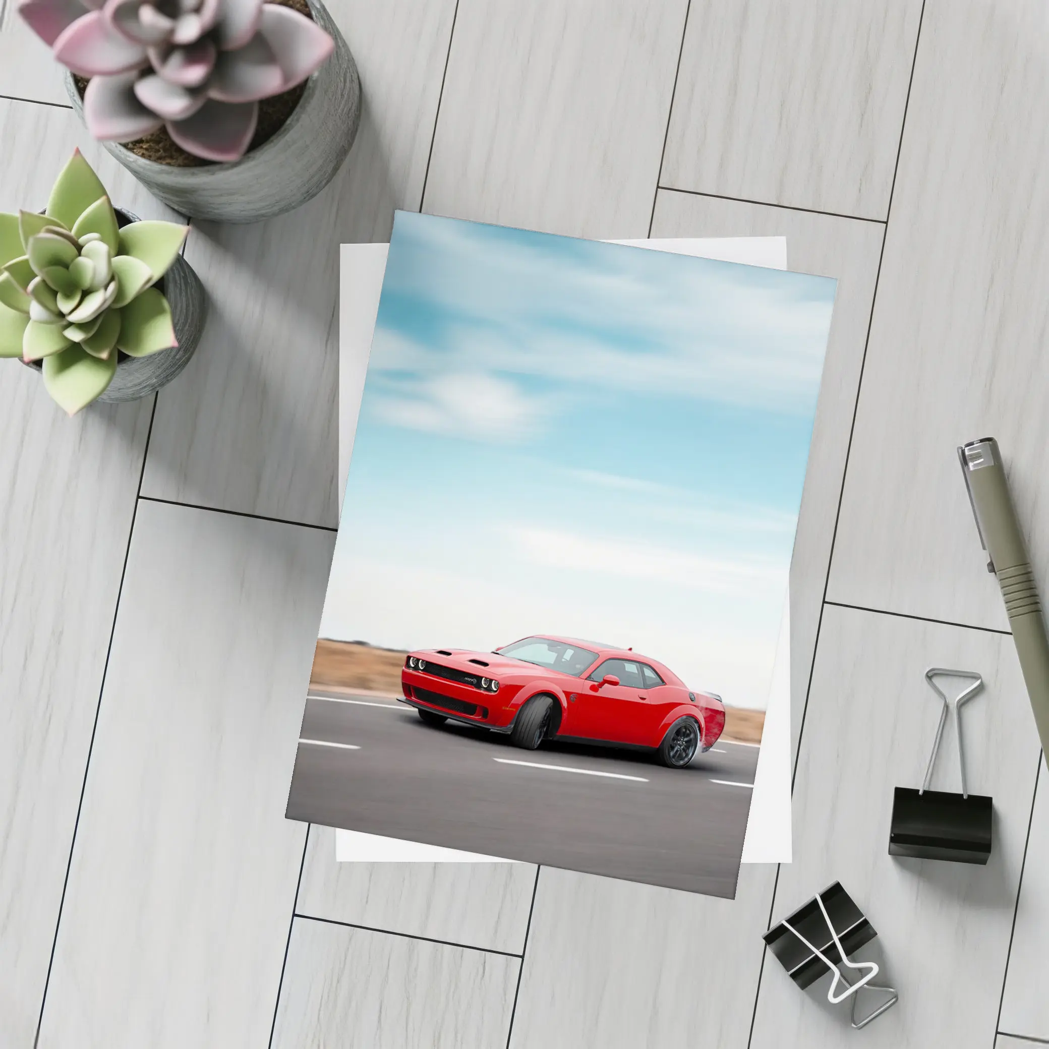 Red Dodge Challenger Speeding On Open Road – Postcards