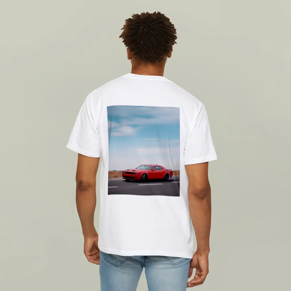 Red Dodge Challenger Speeding On Open Road – T-Shirts