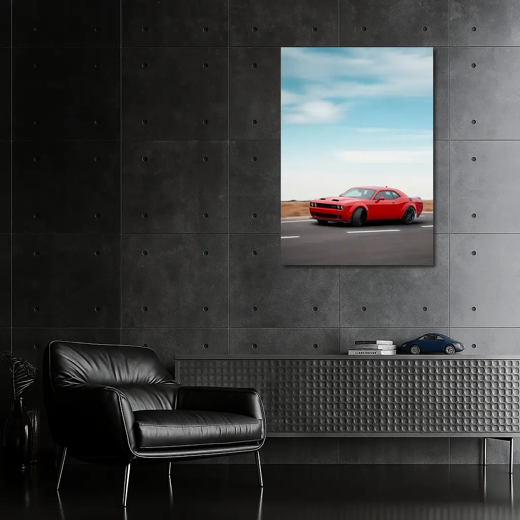 Red Dodge Challenger Speeding On Open Road – Wall Art