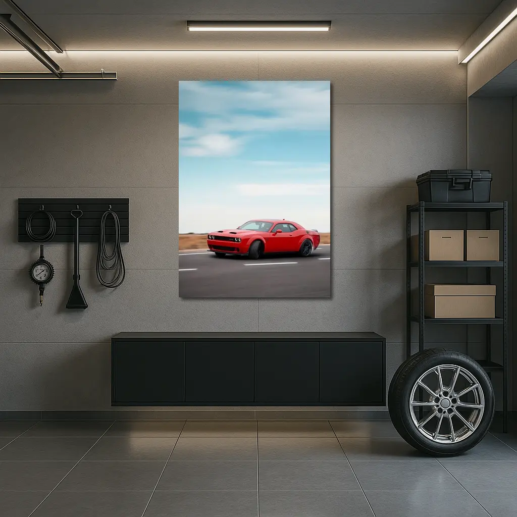 Red Dodge Challenger Speeding On Open Road – Wall Art