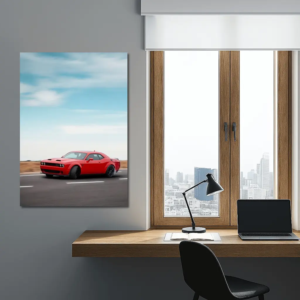 Red Dodge Challenger Speeding On Open Road – Wall Art