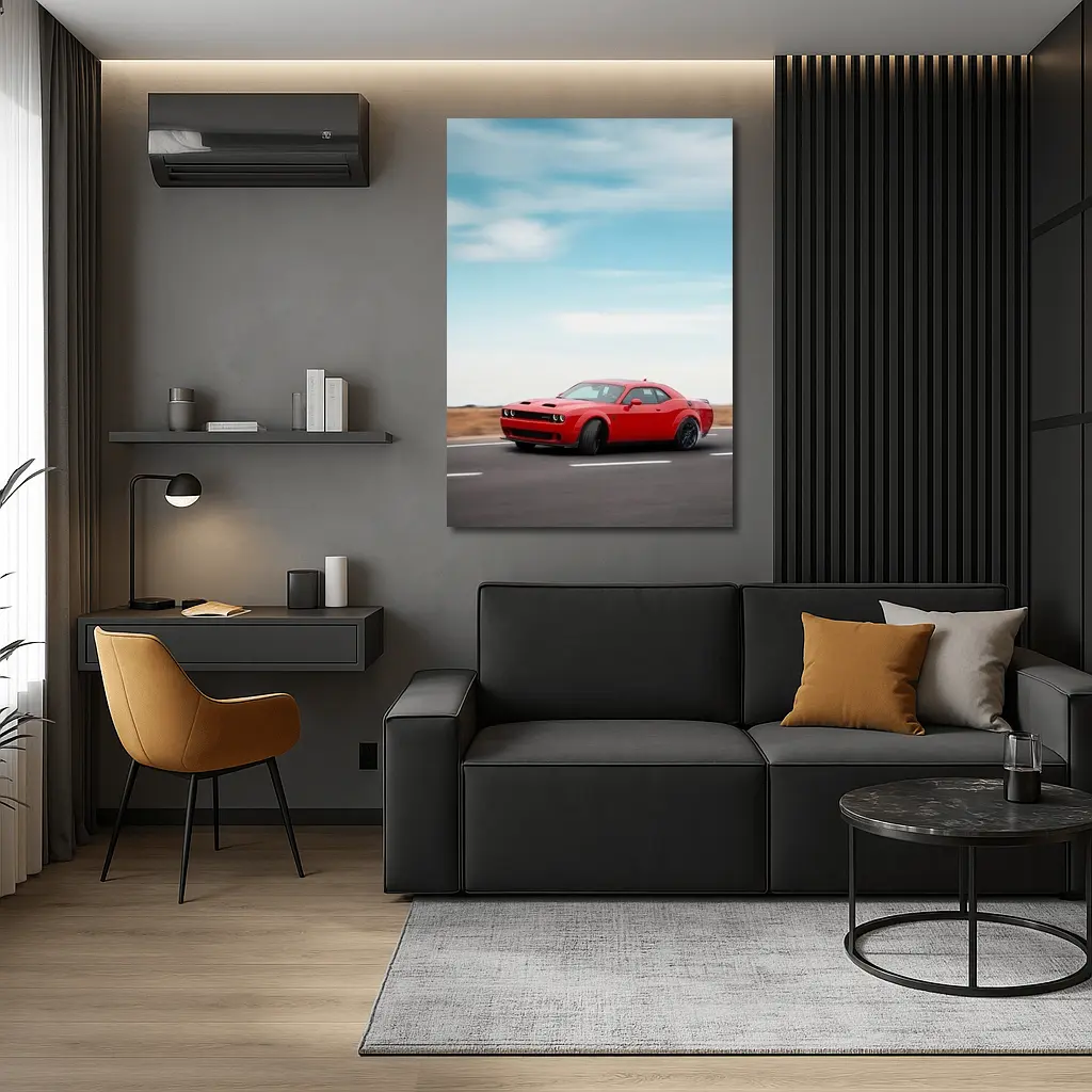 Red Dodge Challenger Speeding On Open Road – Wall Art