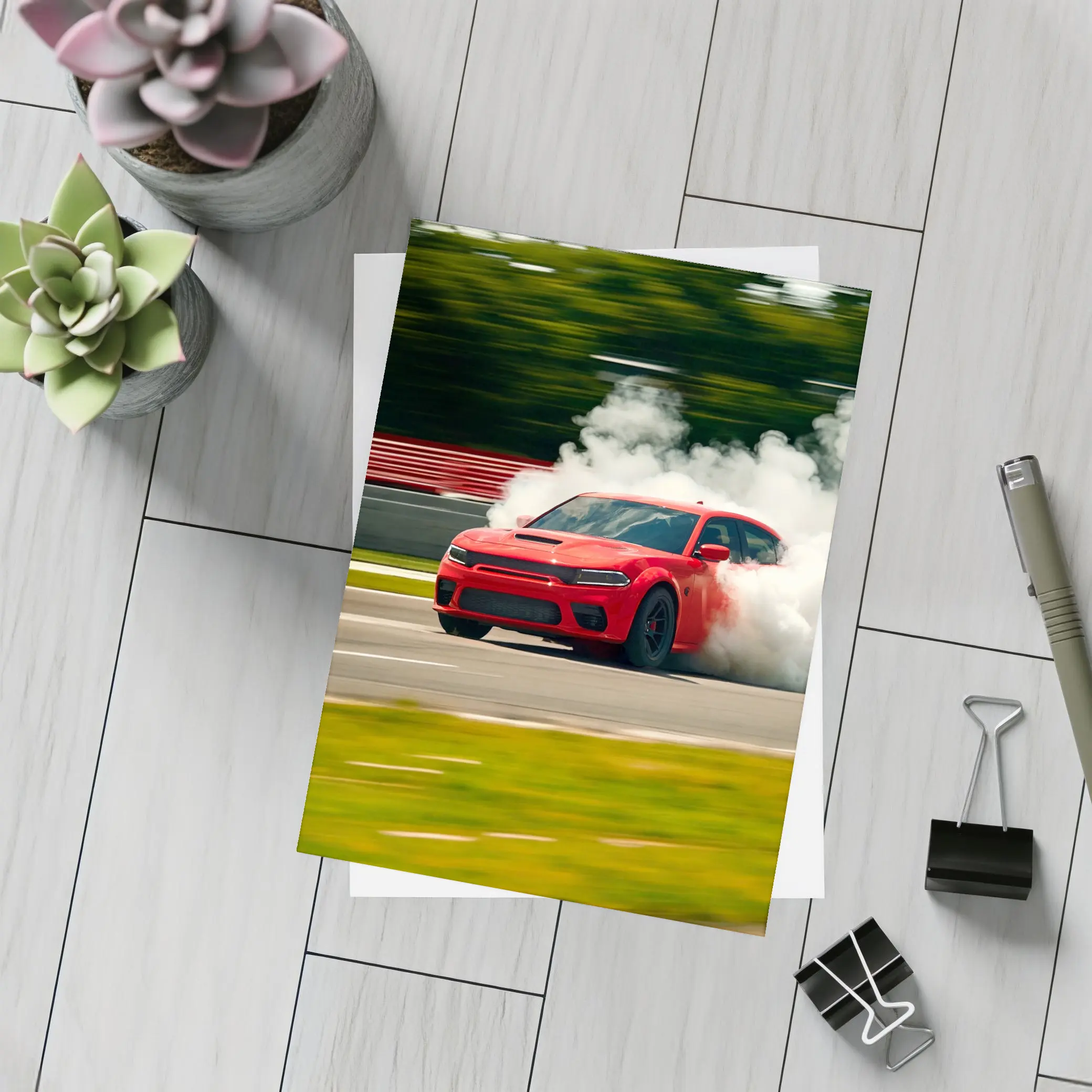 Red Dodge Charger Burnout on Track – Postcards