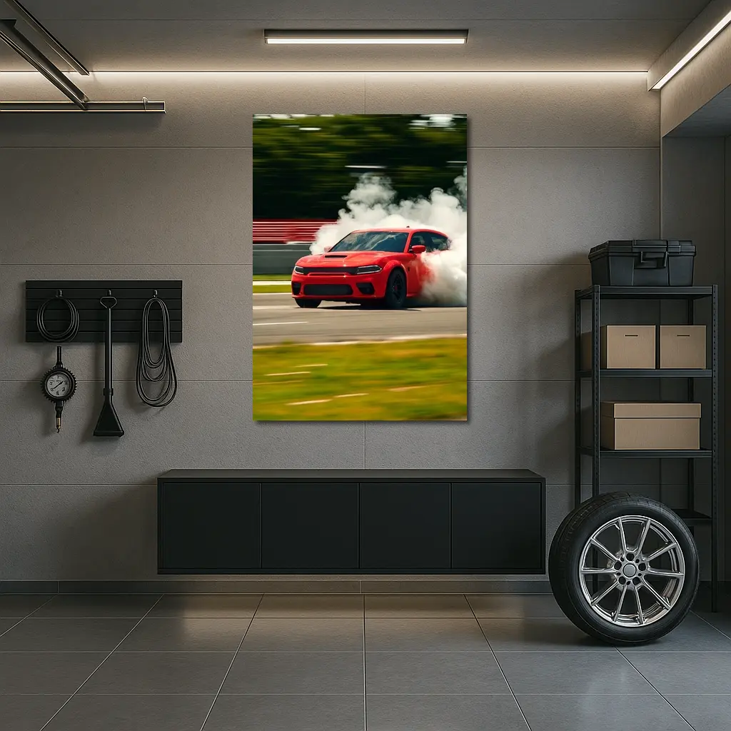 Red Dodge Charger Burnout on Track – Wall Art