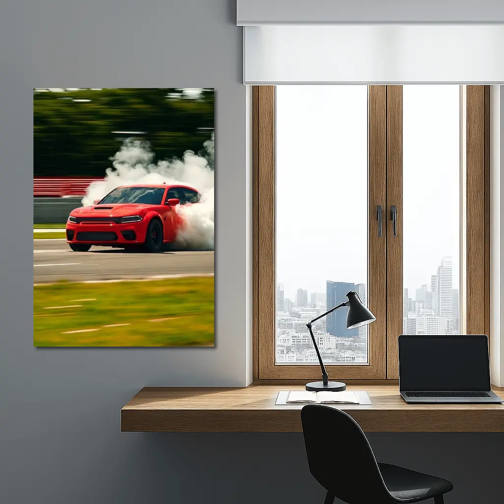 Red Dodge Charger Burnout on Track – Wall Art