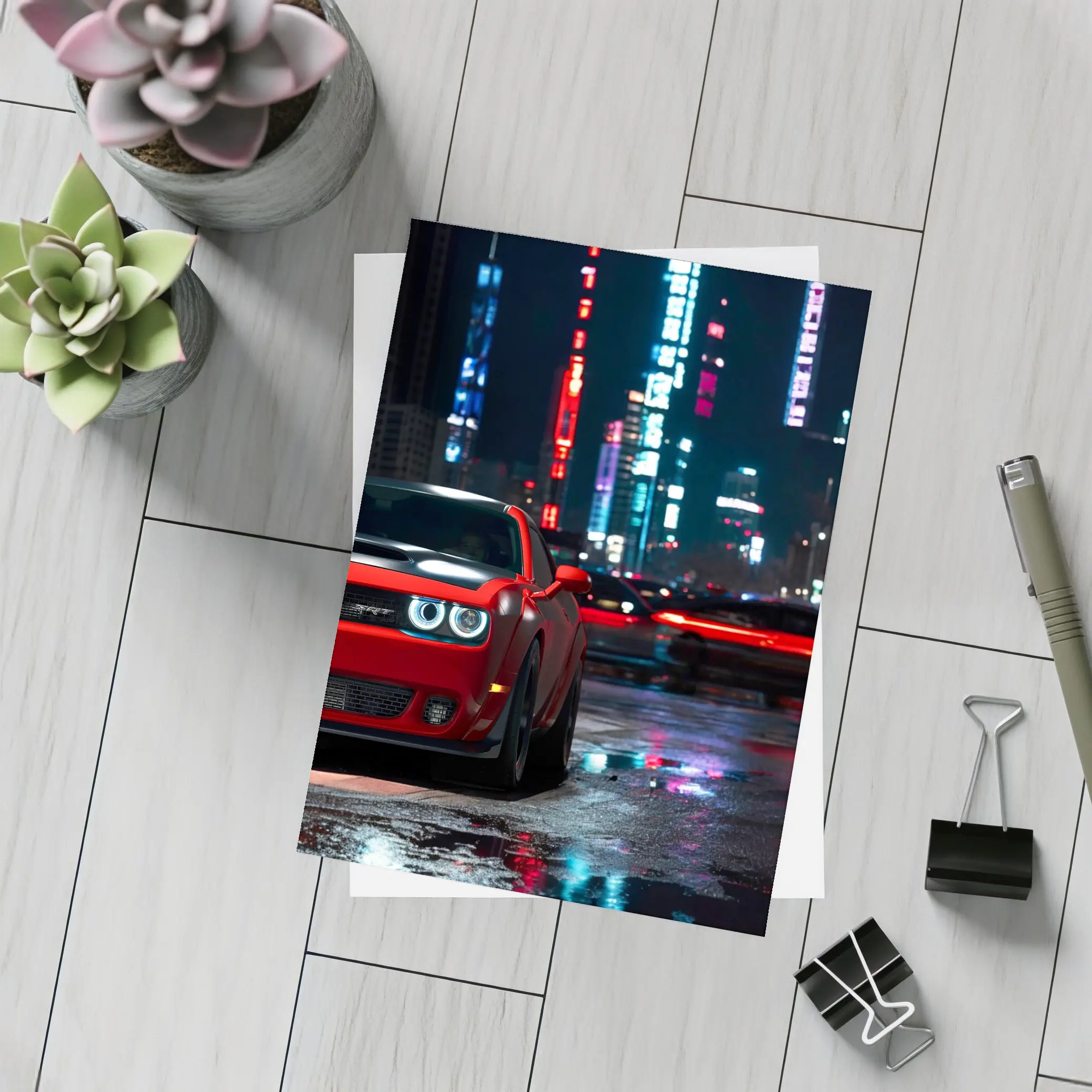 Dodge Challenger SRT Red Neon City Night – Postcards