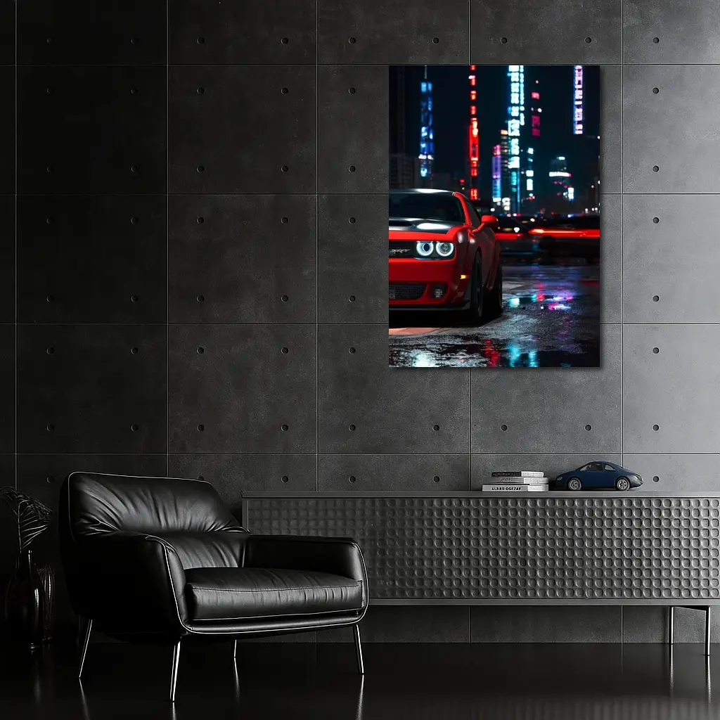 Dodge Challenger SRT Red Neon City Night – Wall Art