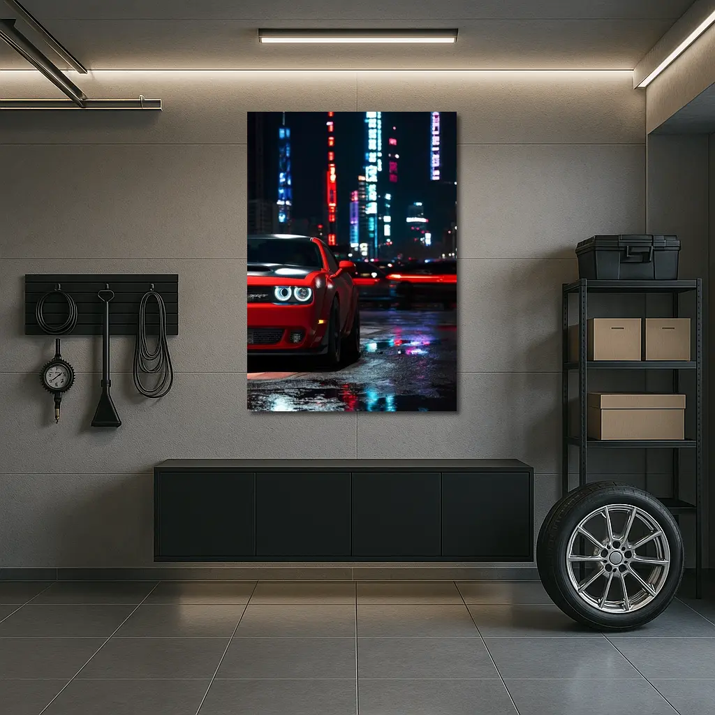 Dodge Challenger SRT Red Neon City Night – Wall Art