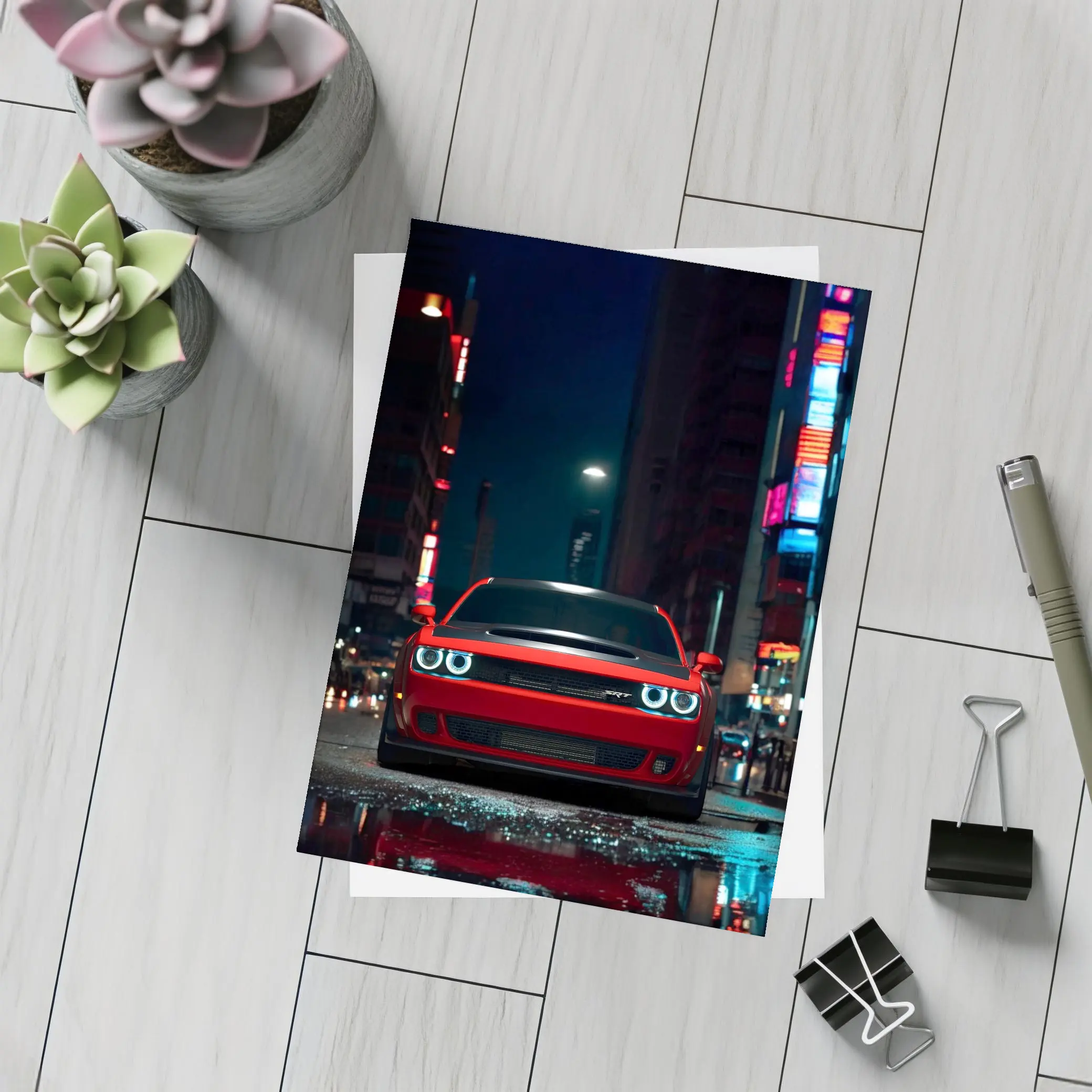 Dodge Challenger SRT Red Night City Street – Postcards