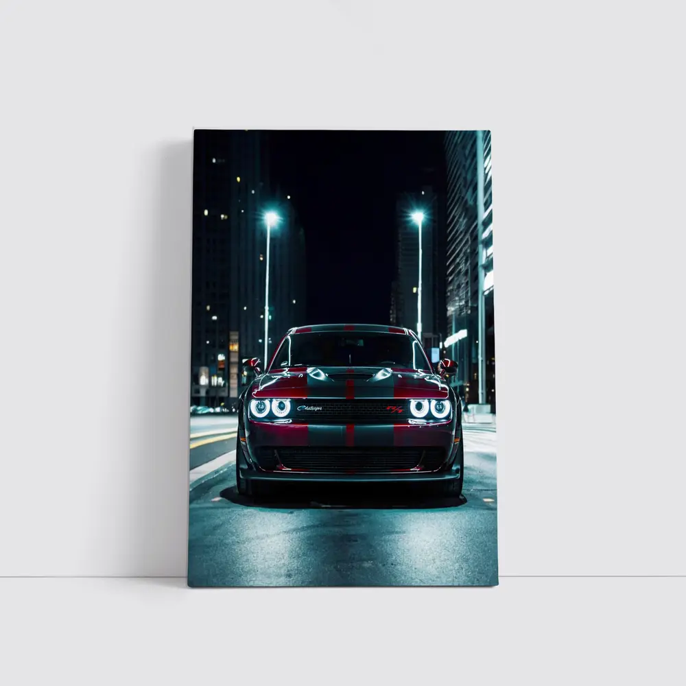 Dodge Challenger Red Stripes City Night Street – Wall Art