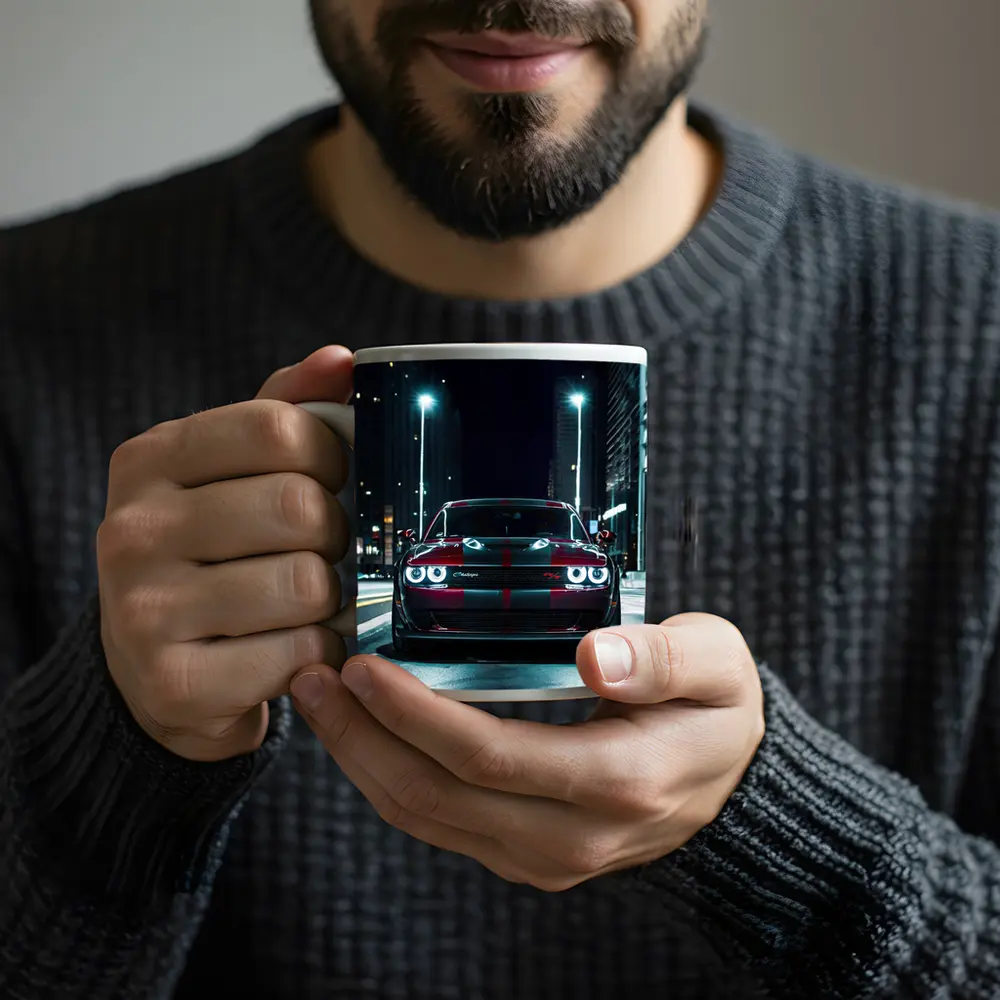 Dodge Challenger Red Stripes City Night Street – Mugs