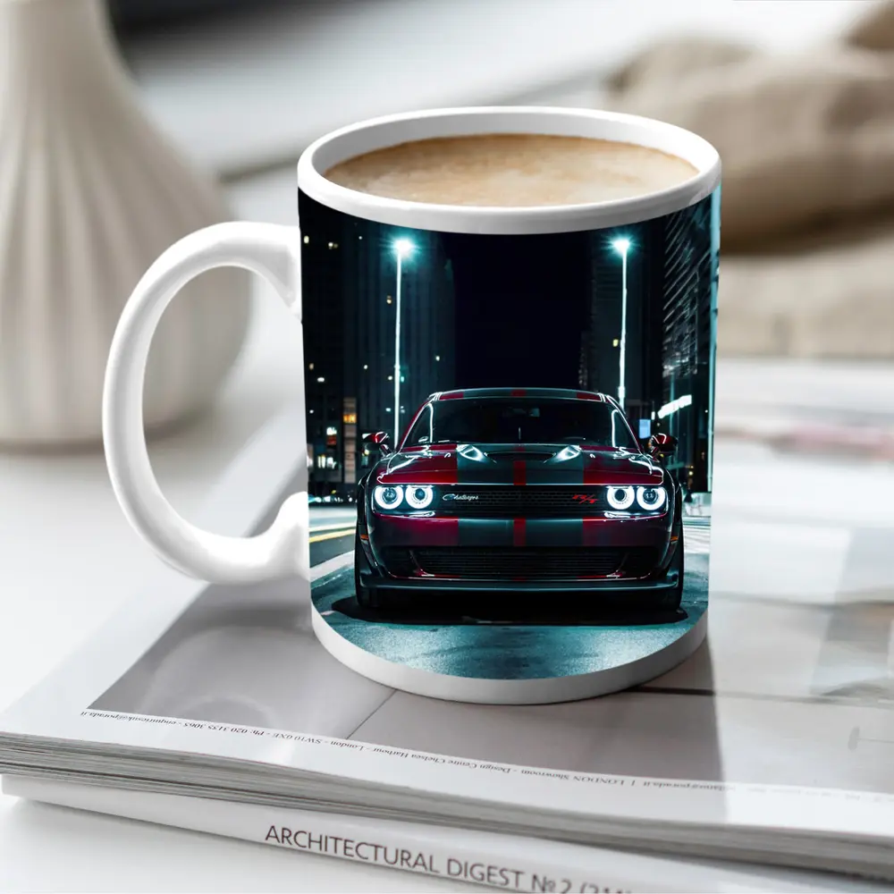 Dodge Challenger Red Stripes City Night Street – Mugs