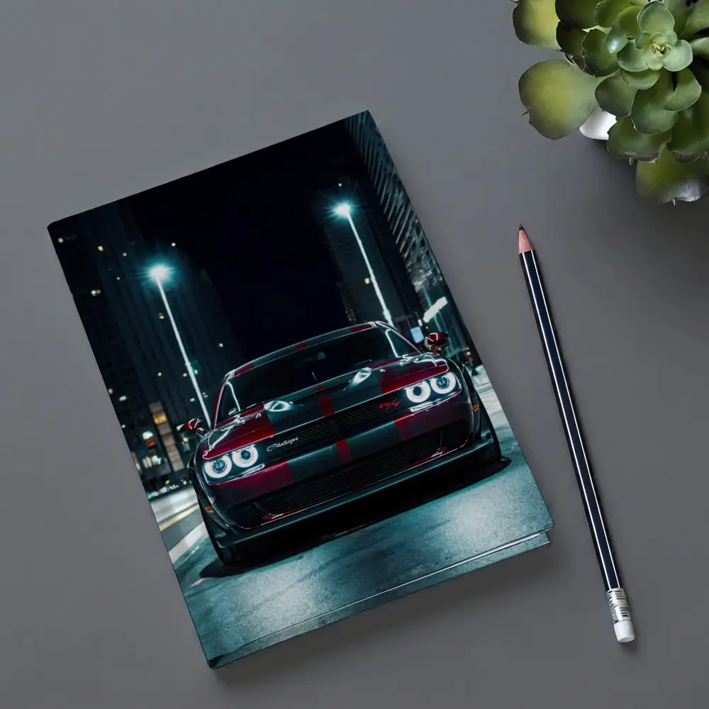 Dodge Challenger Red Stripes City Night Street – Notebooks