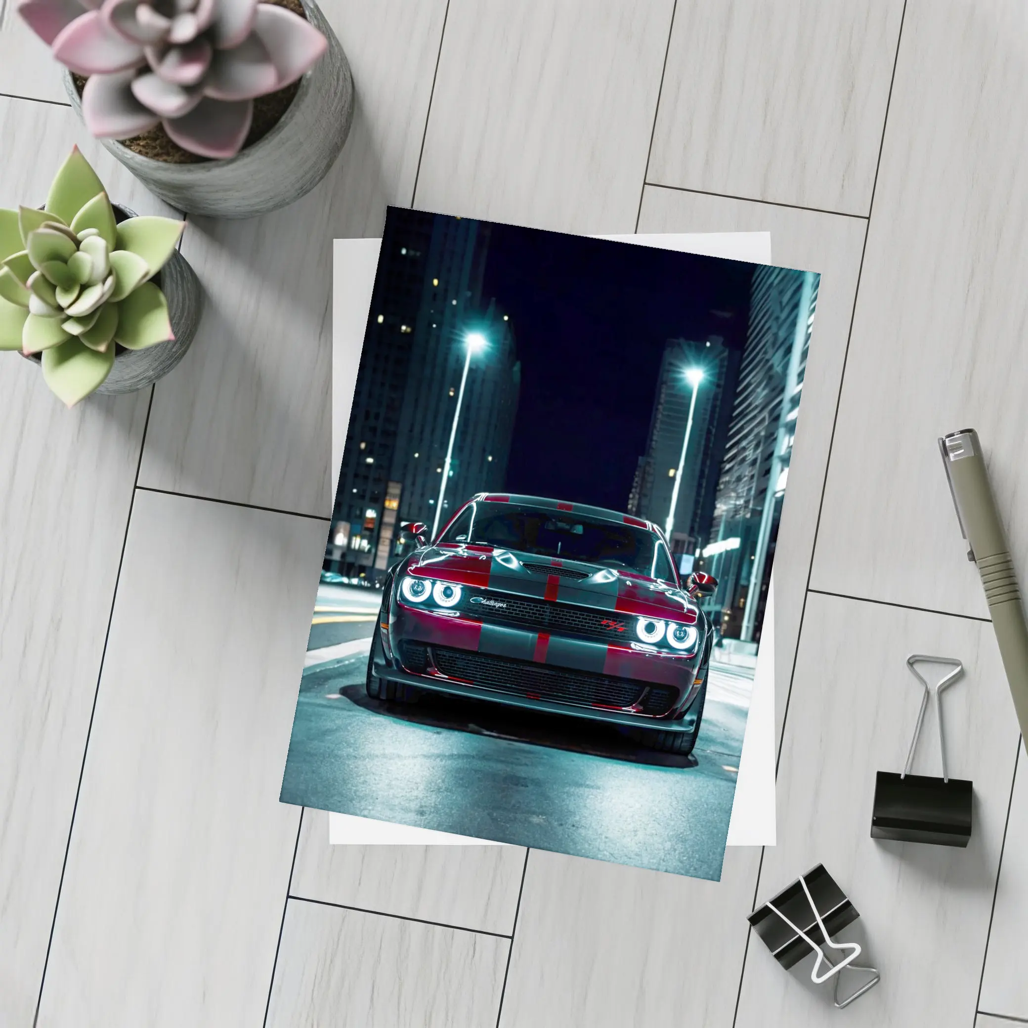 Dodge Challenger Red Stripes City Night Street – Postcards