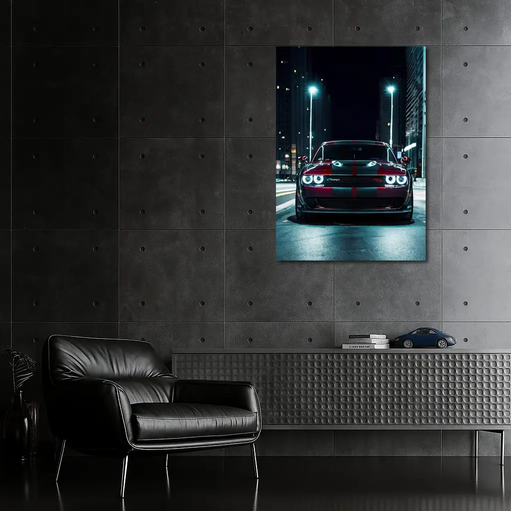 Dodge Challenger Red Stripes City Night Street – Wall Art