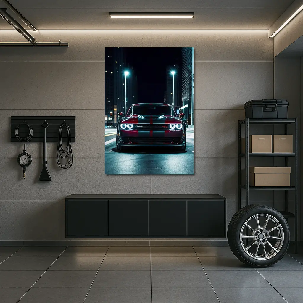 Dodge Challenger Red Stripes City Night Street – Wall Art
