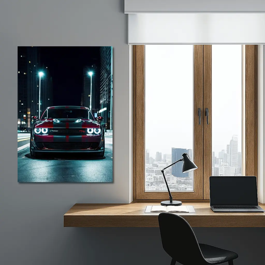 Dodge Challenger Red Stripes City Night Street – Wall Art