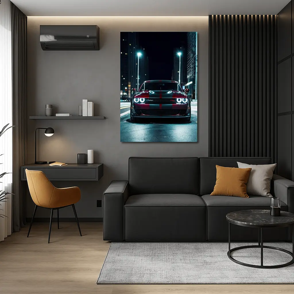 Dodge Challenger Red Stripes City Night Street – Wall Art