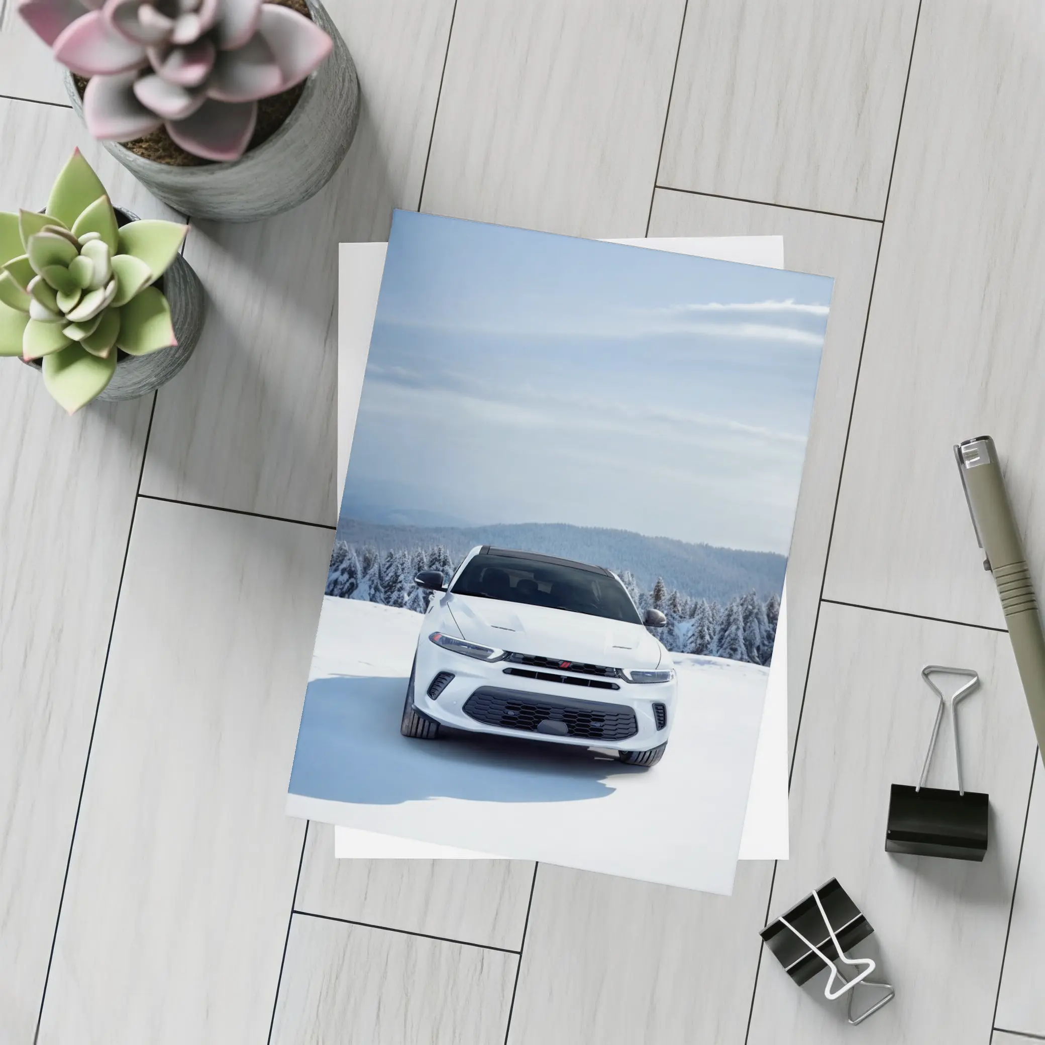 Dodge Hornet White SUV Snowy Winter Landscape – Postcards