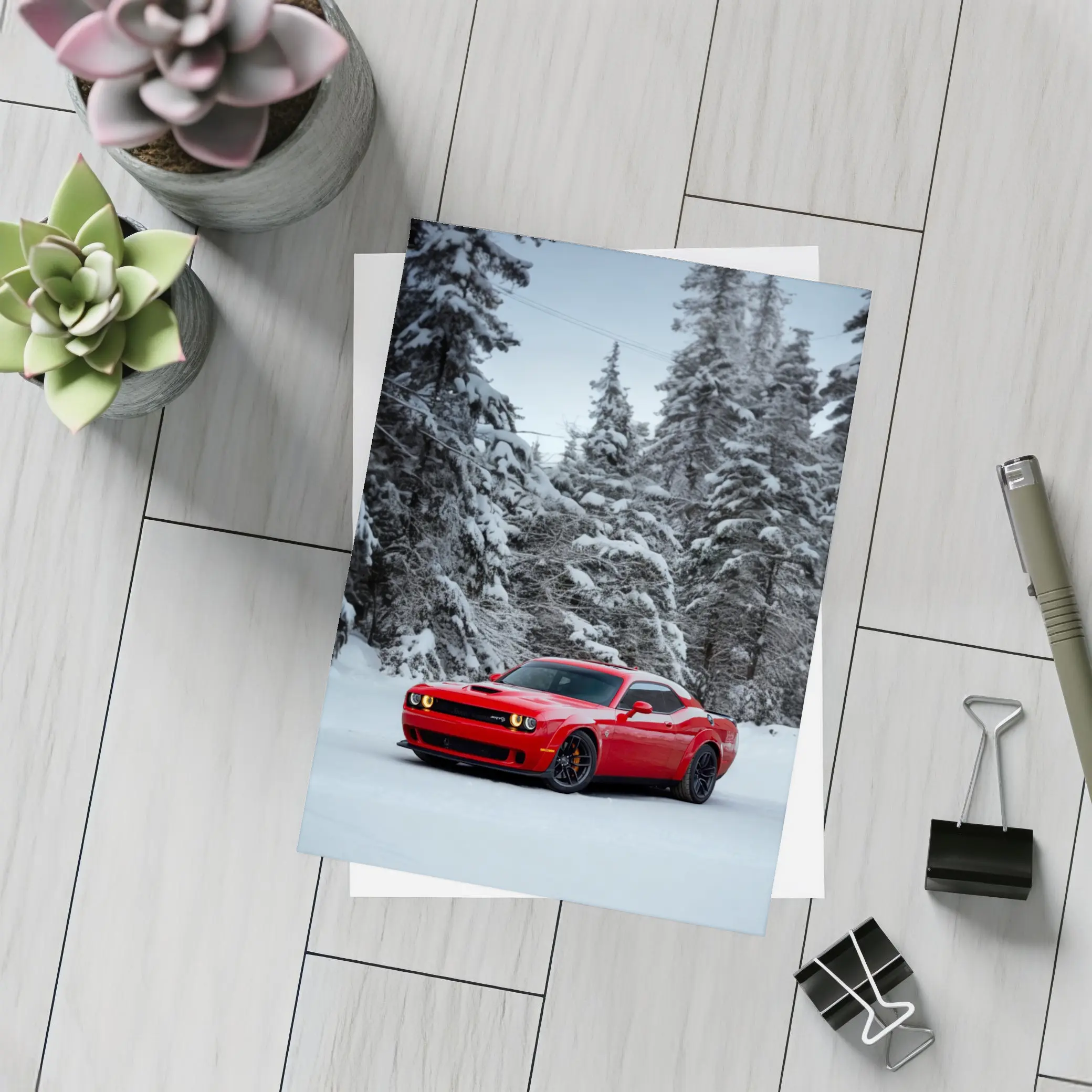 Dodge Challenger SRT Red Snow Winter Forest – Postcards