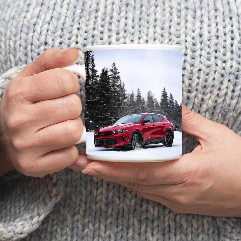 Dodge Hornet Red SUV Snowy Winter Forest – Mugs