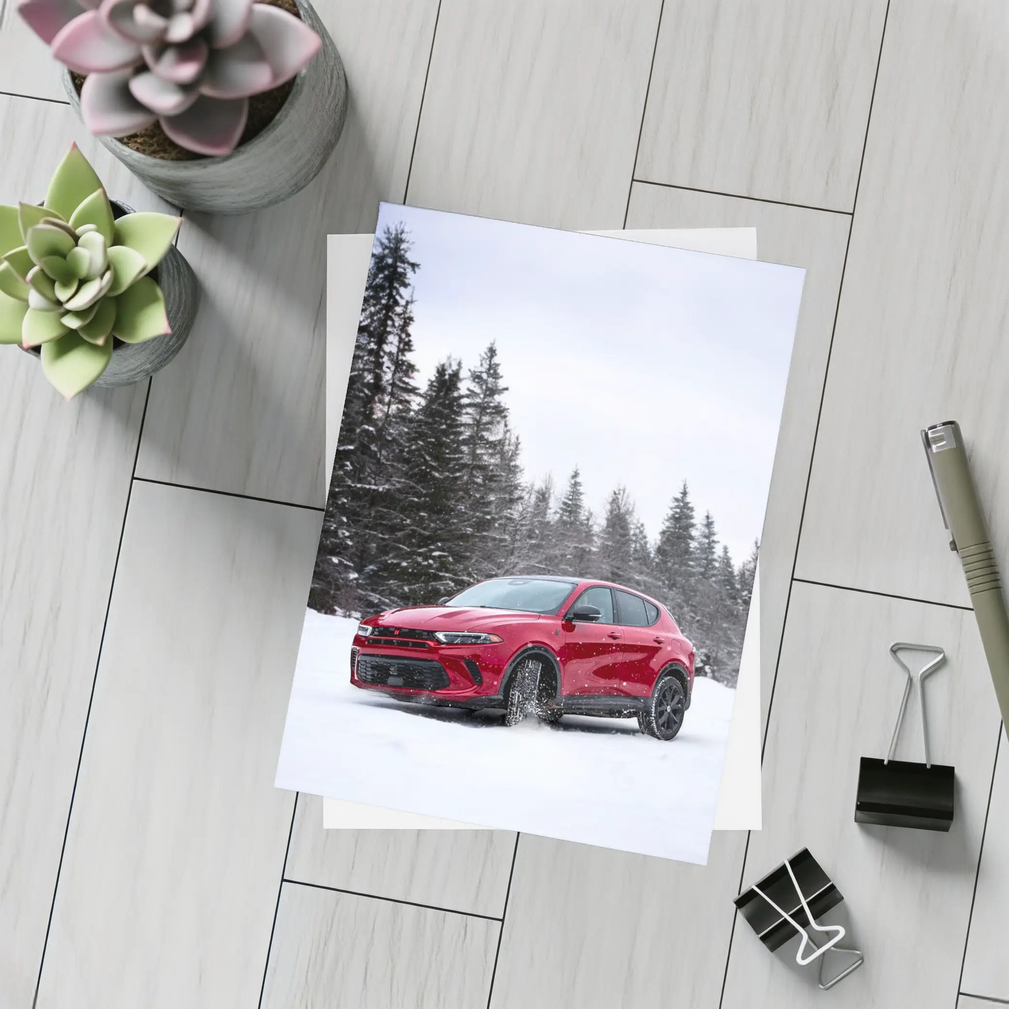 Dodge Hornet Red SUV Snowy Winter Forest – Postcards