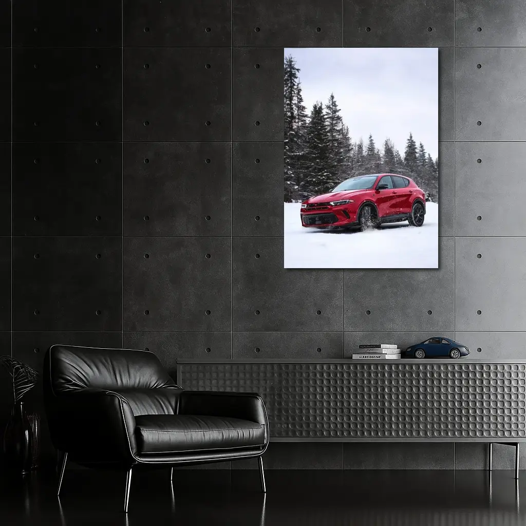 Dodge Hornet Red SUV Snowy Winter Forest – Wall Art