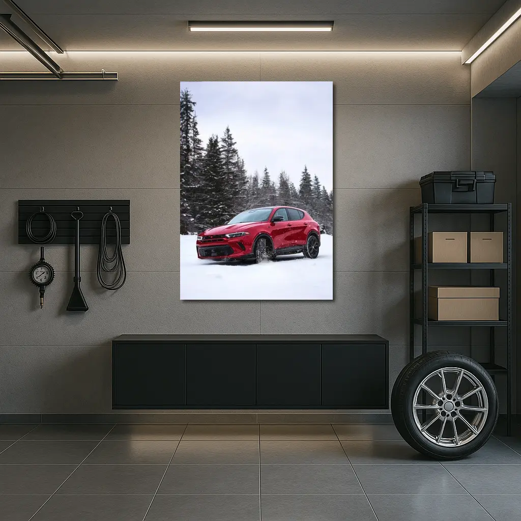 Dodge Hornet Red SUV Snowy Winter Forest – Wall Art