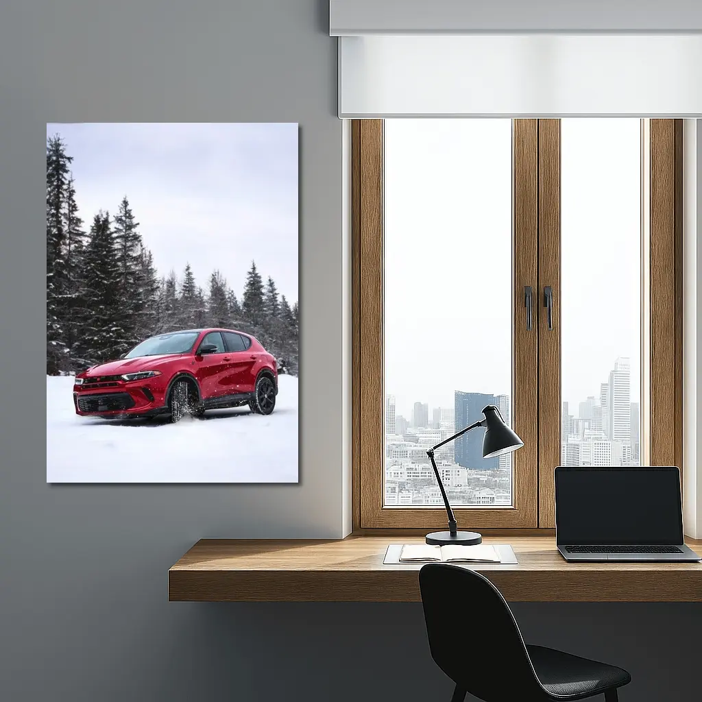 Dodge Hornet Red SUV Snowy Winter Forest – Wall Art