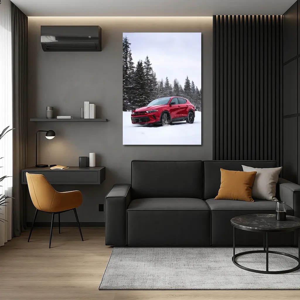 Dodge Hornet Red SUV Snowy Winter Forest – Wall Art