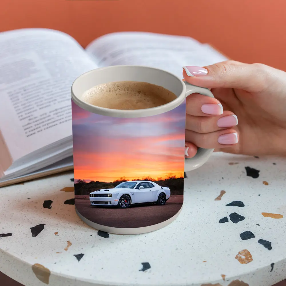 Dodge Challenger White Muscle Car Sunset Sky – Mugs