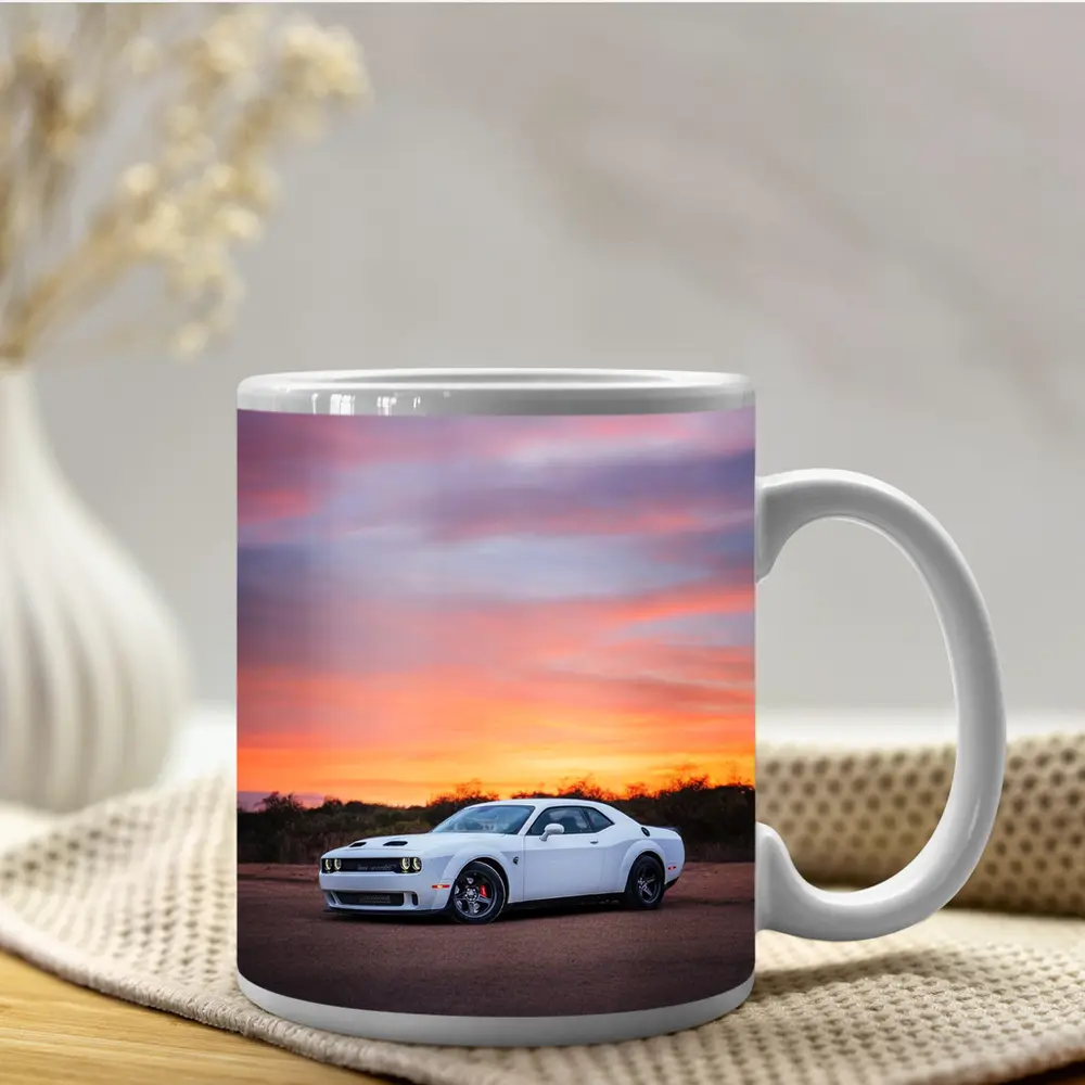 Dodge Challenger White Muscle Car Sunset Sky – Mugs