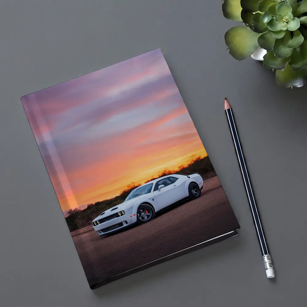 Dodge Challenger White Muscle Car Sunset Sky – Notebooks