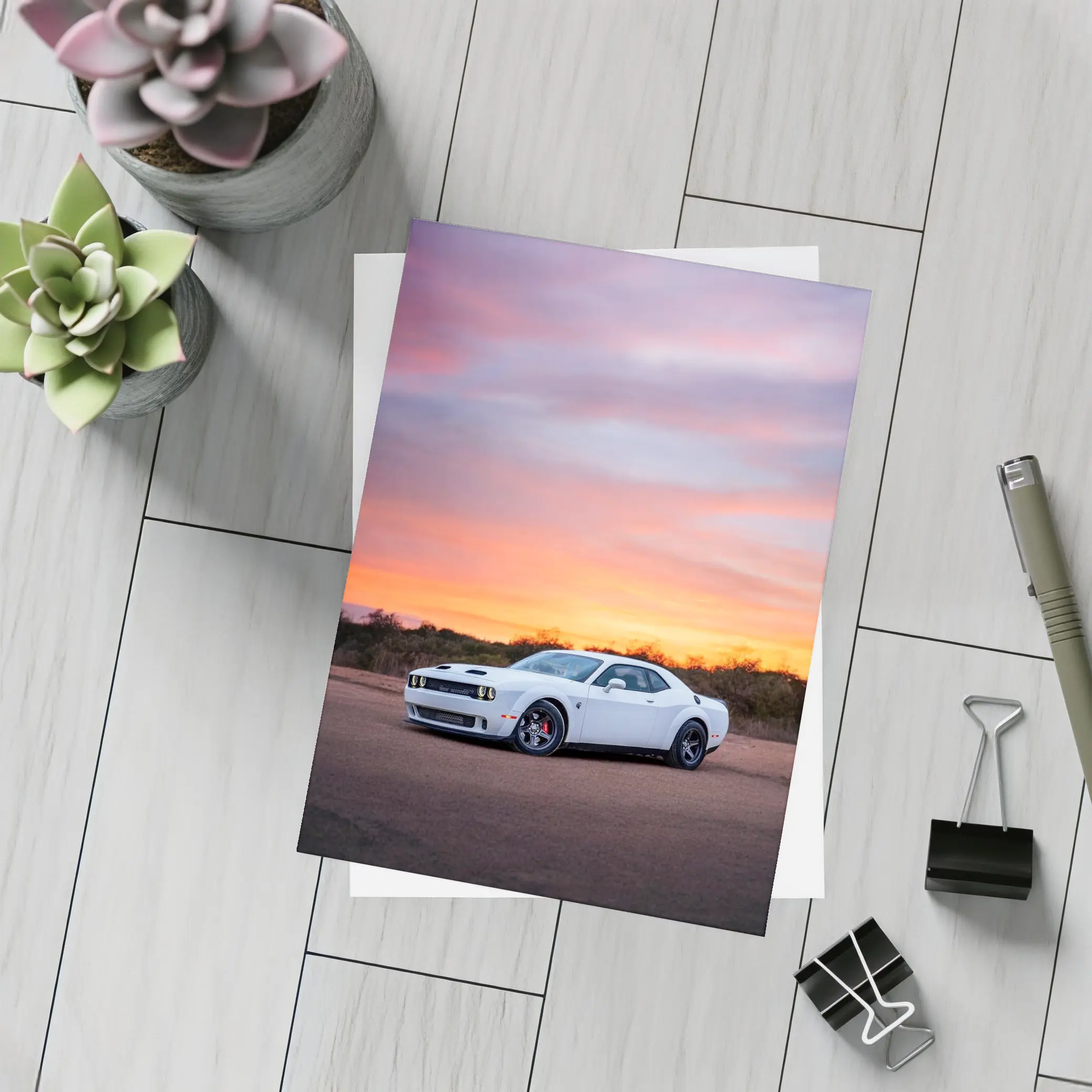 Dodge Challenger White Muscle Car Sunset Sky – Postcards