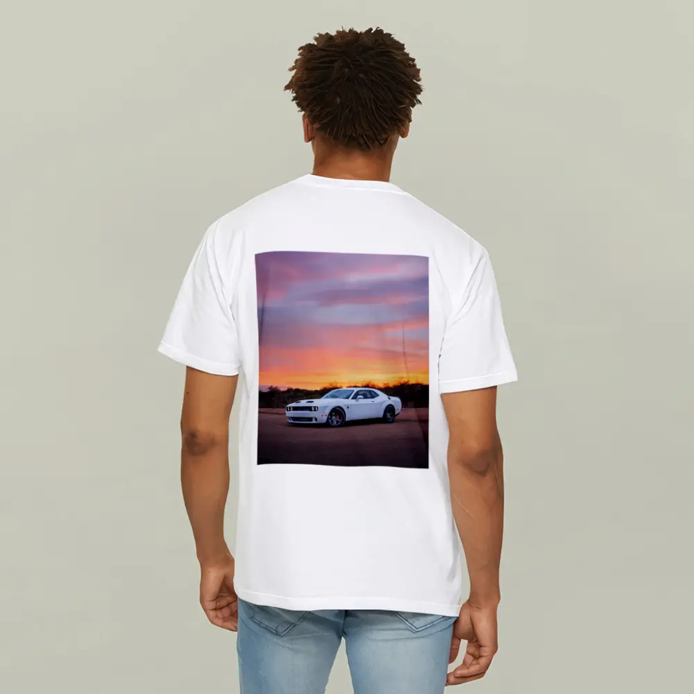 Dodge Challenger White Muscle Car Sunset Sky – T-Shirts
