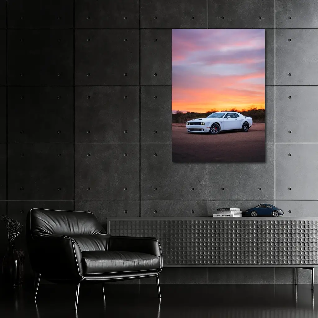 Dodge Challenger White Muscle Car Sunset Sky – Wall Art