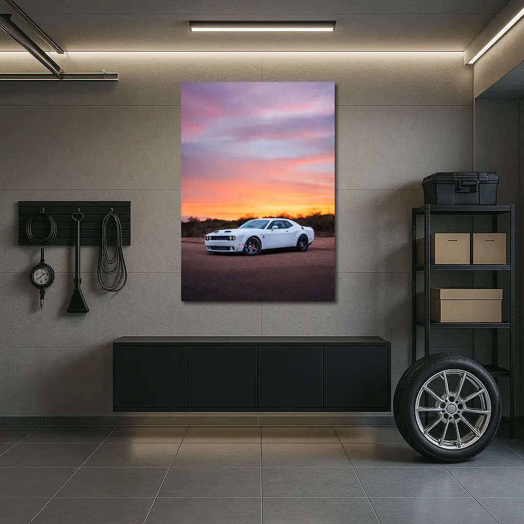 Dodge Challenger White Muscle Car Sunset Sky – Wall Art