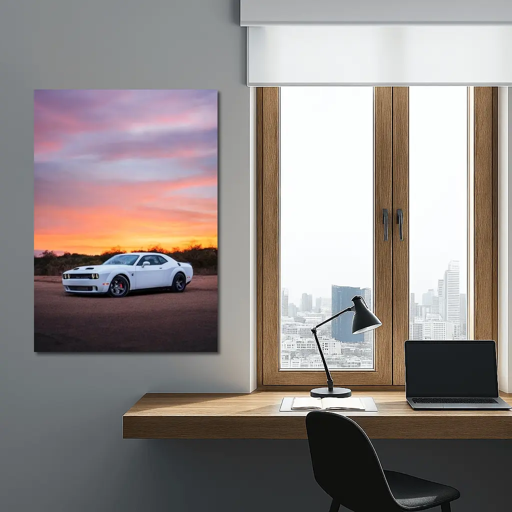 Dodge Challenger White Muscle Car Sunset Sky – Wall Art