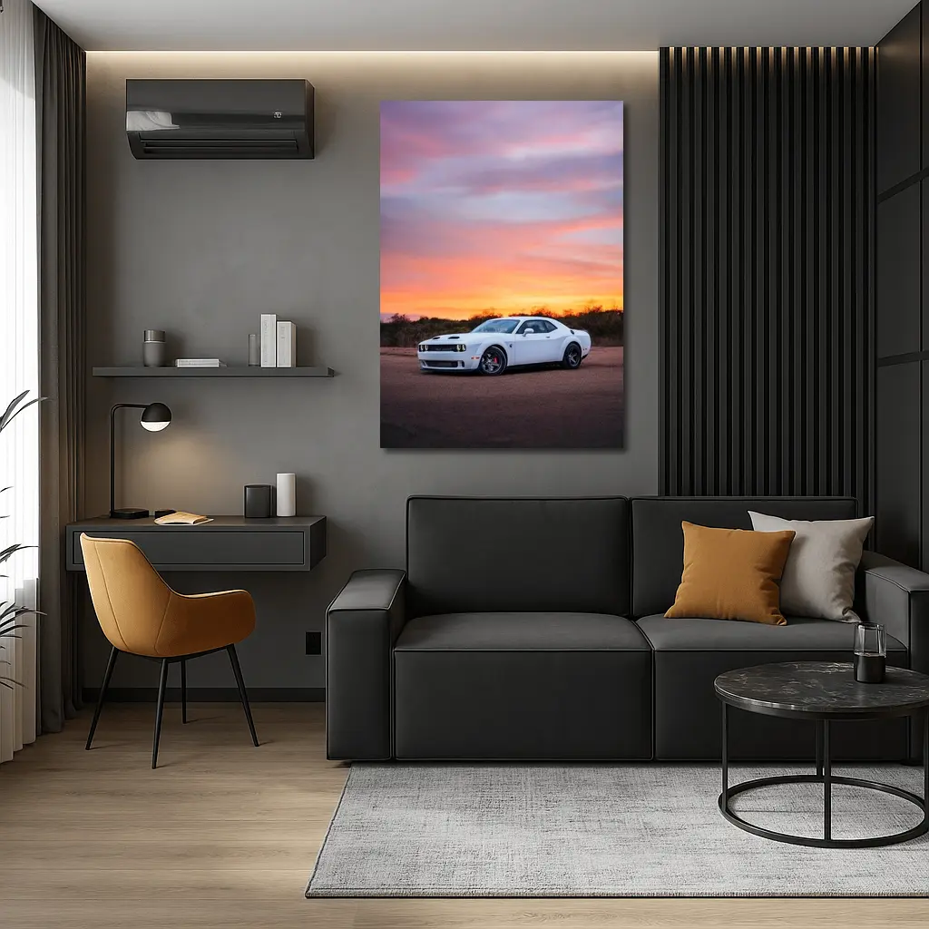 Dodge Challenger White Muscle Car Sunset Sky – Wall Art