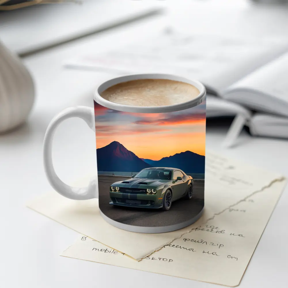 Dodge Challenger Muscle Car Sunset Mountains – Mugs