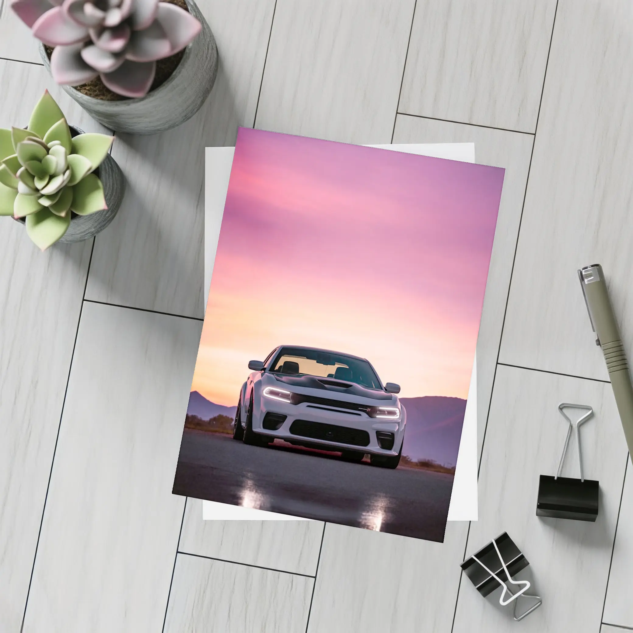 Dodge Charger Front View Sunset Sky – Postcards