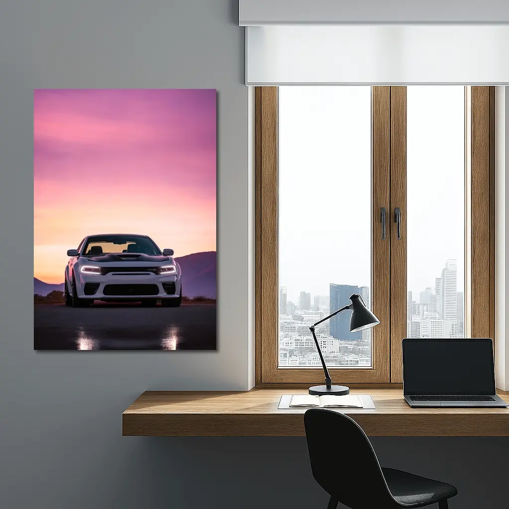 Dodge Charger Front View Sunset Sky – Wall Art
