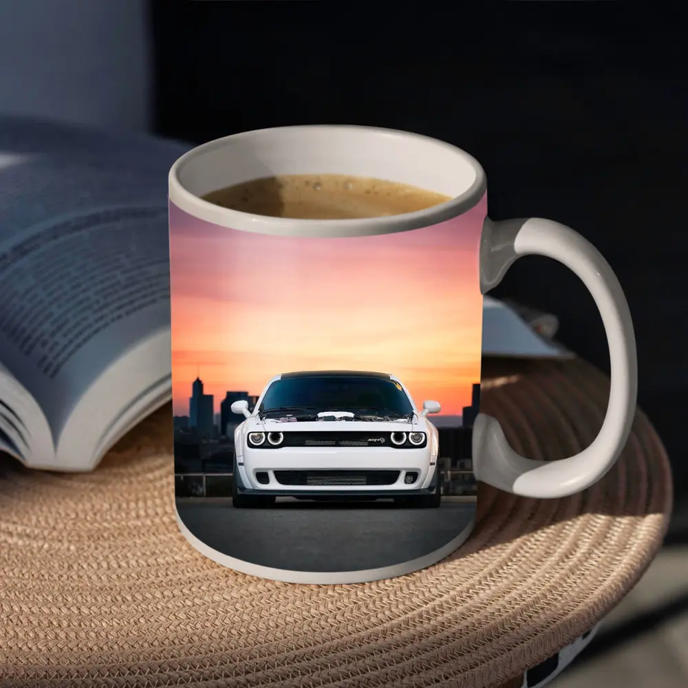 Dodge Challenger White Muscle Car Sunset City – Mugs