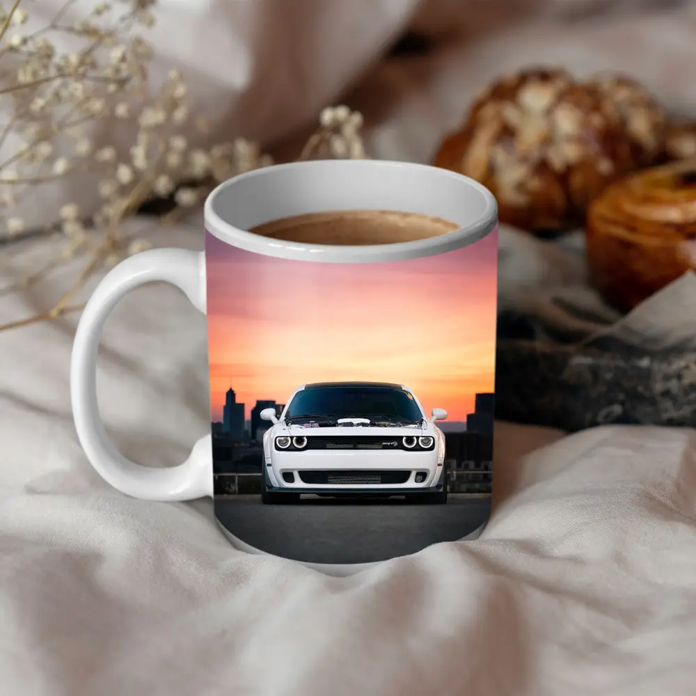 Dodge Challenger White Muscle Car Sunset City – Mugs