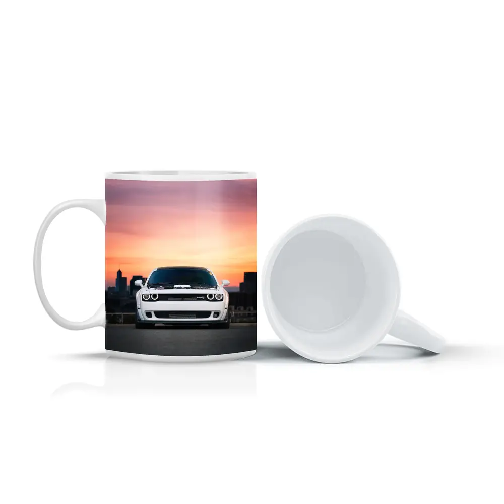 Dodge Challenger White Muscle Car Sunset City – Mugs