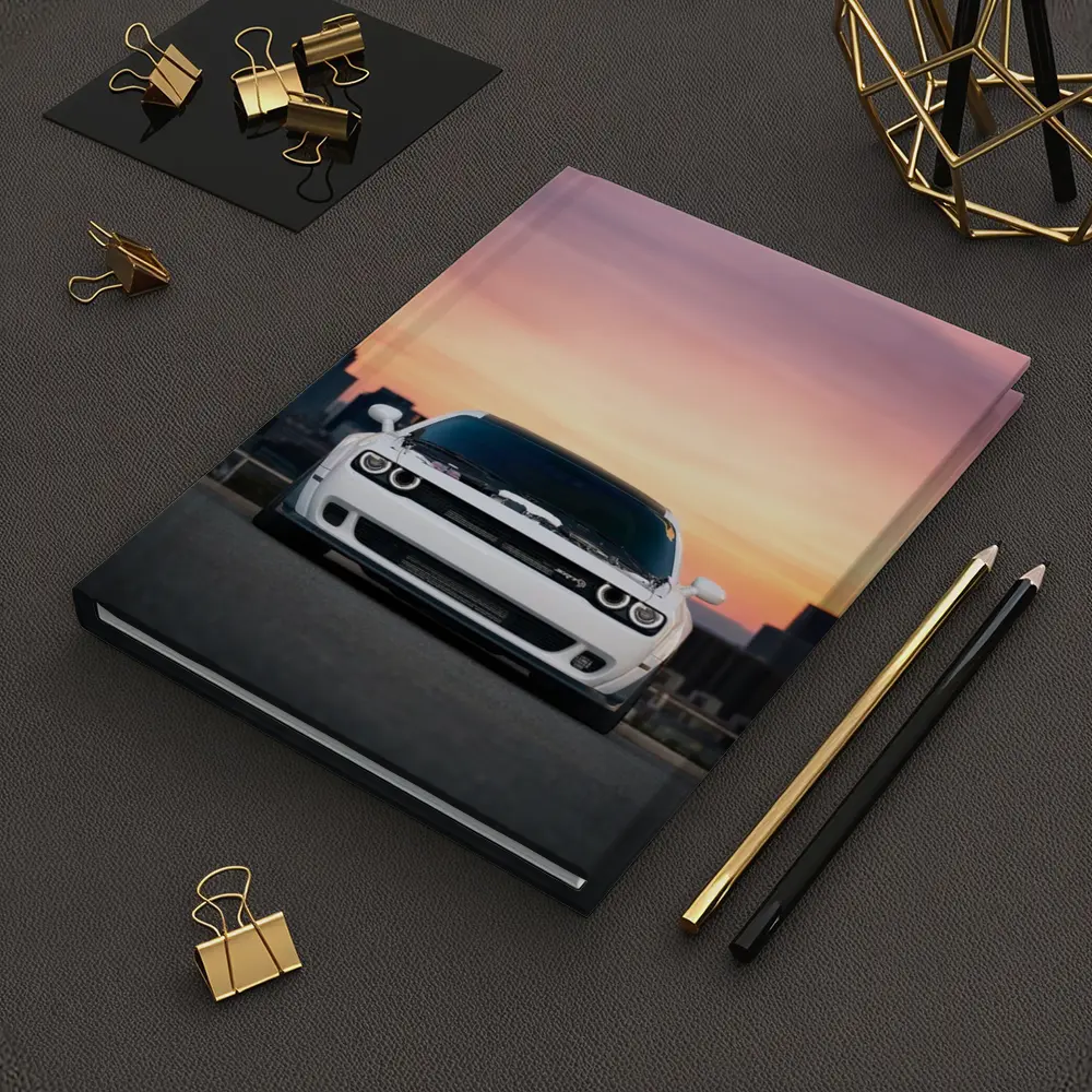 Dodge Challenger White Muscle Car Sunset City – Notebooks